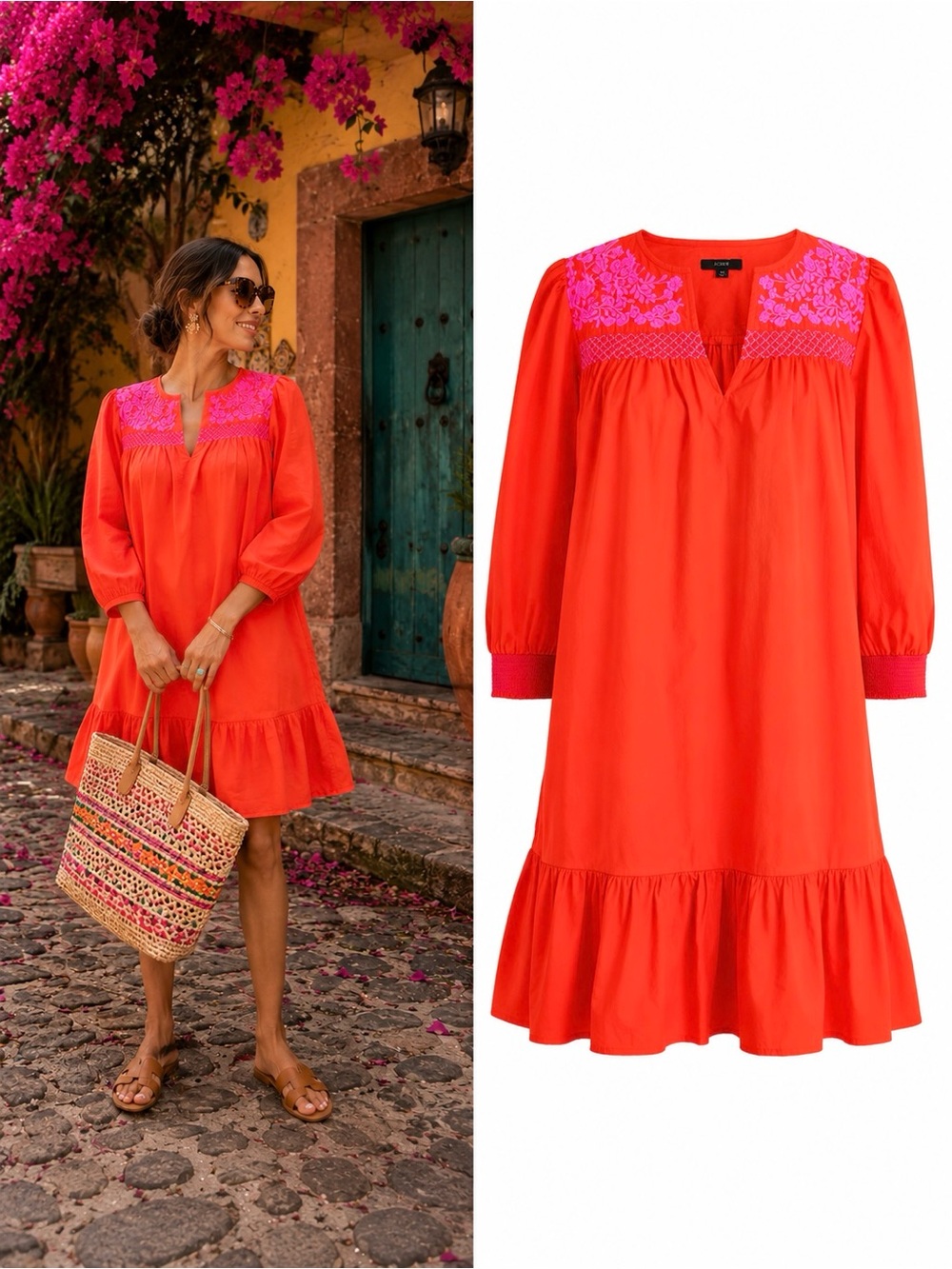 J.Crew Leda Embroidered Popover Dress XS Red Pink Floral Cotton Ruffle Pockets